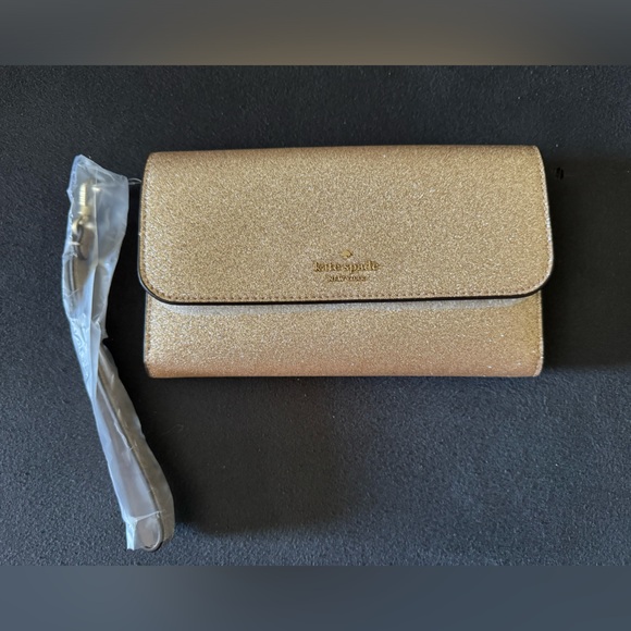 BNWT Kate Spade Glimmer Boxed Medium Flap Phone Wristlet Wallet Gold Glitter - Picture 3 of 6